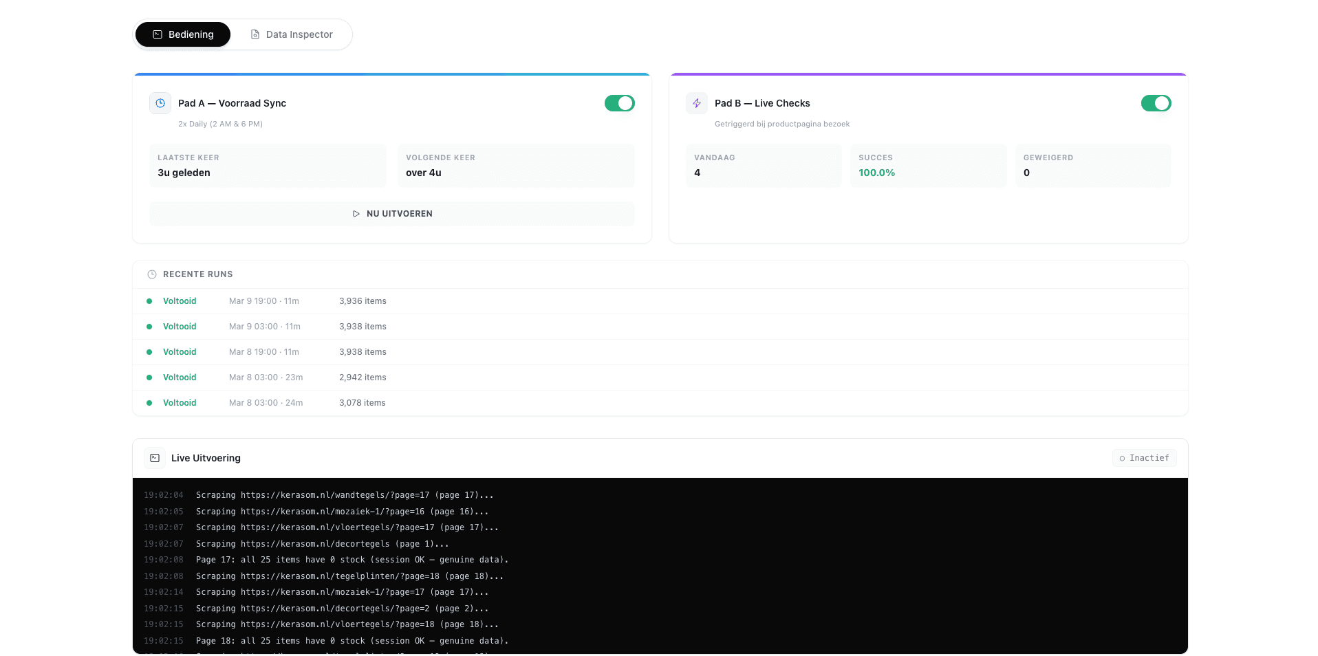 Nurani client portal custom automation showing live stock sync scraper with run history and execution logs