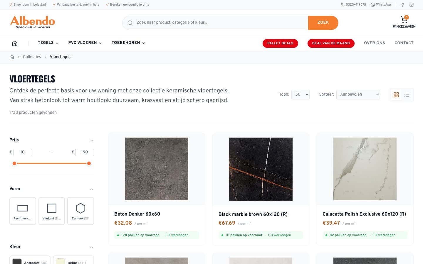 Albendo collection page with product grid, filters, live stock counts, and per-square-meter pricing