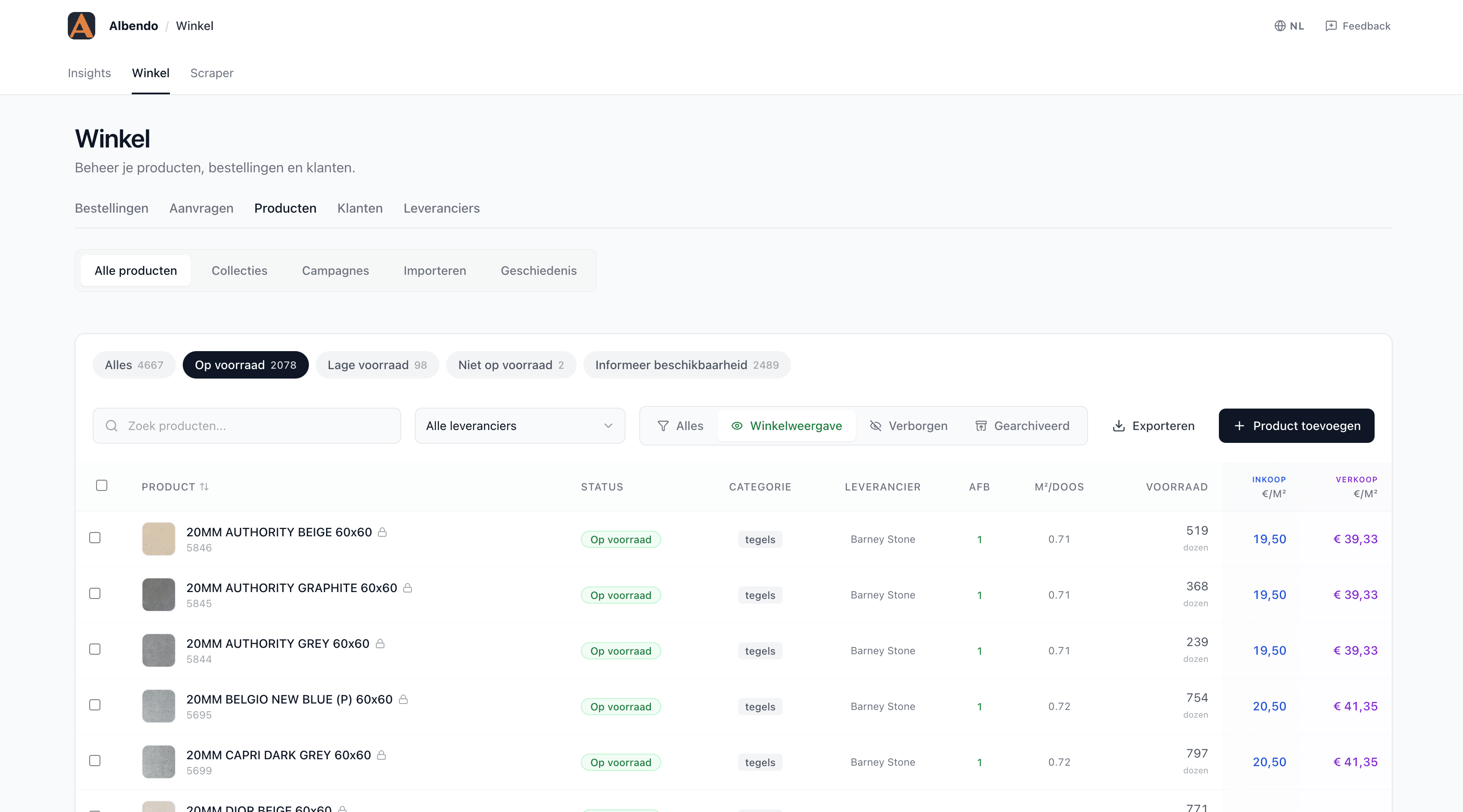 Albendo portal product management dashboard showing 5,000+ products with stock levels, pricing, and supplier data