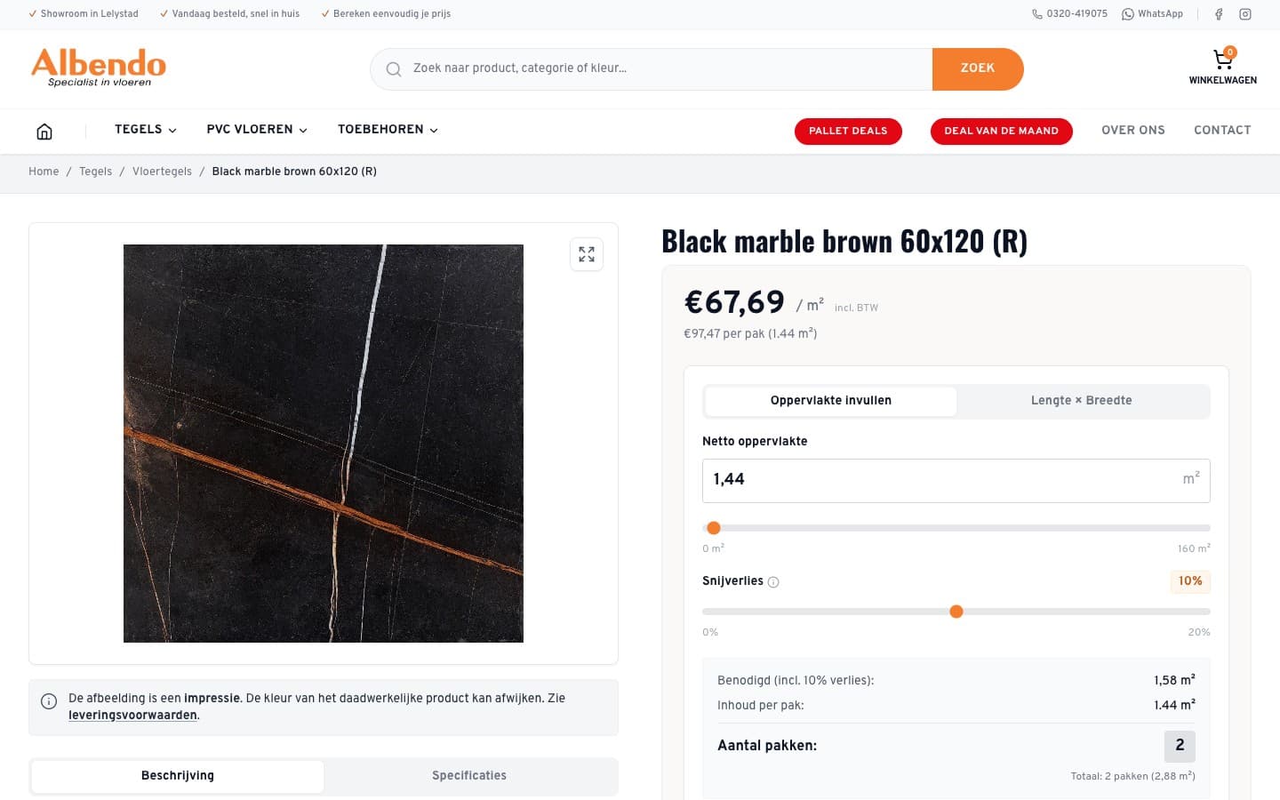 Albendo product page with custom square meter price calculator, cut loss slider, and live stock display