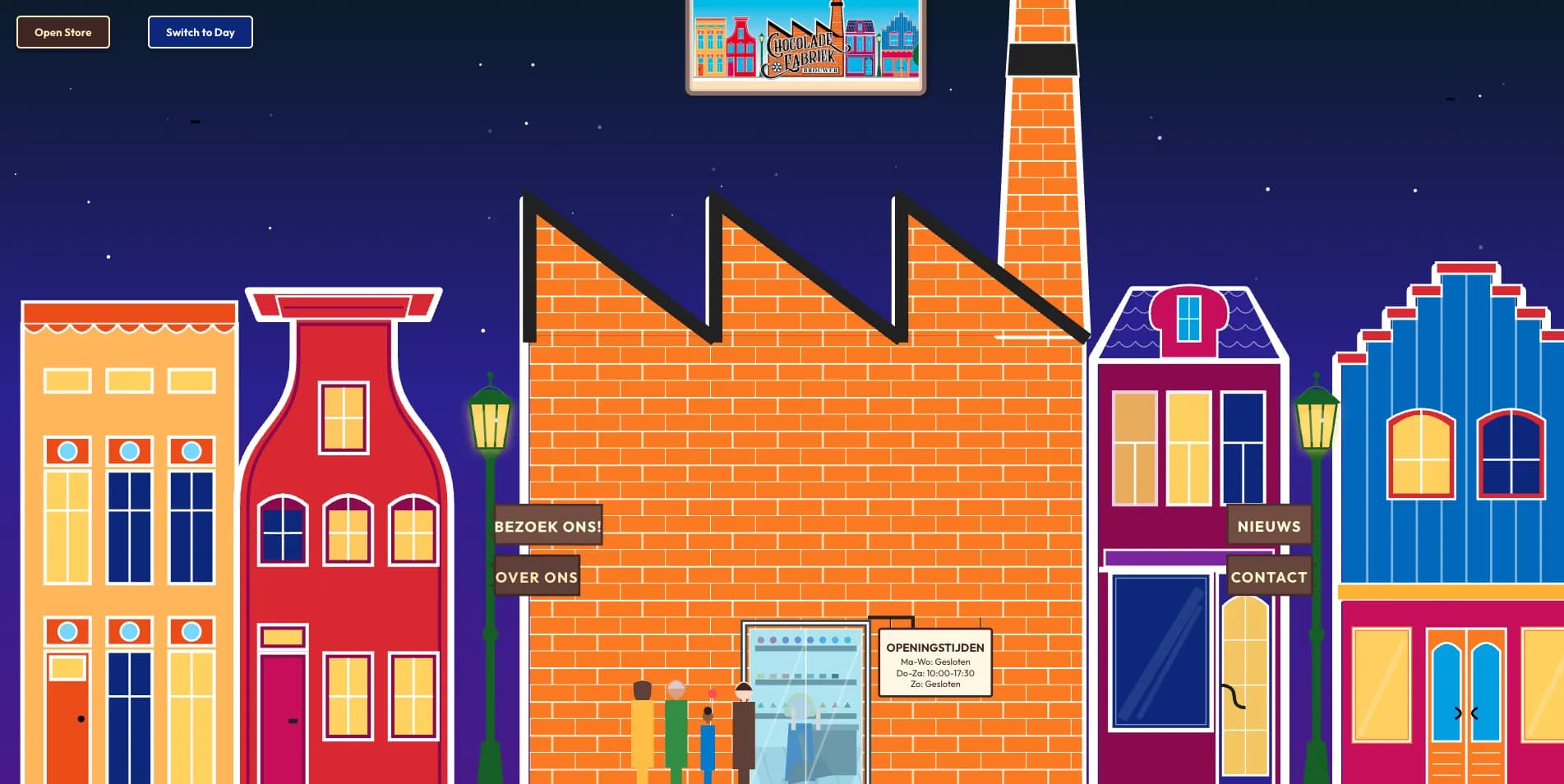 Chocolade Fabriek night mode showing the illustrated scene with dark sky, stars, glowing windows, and warm lighting