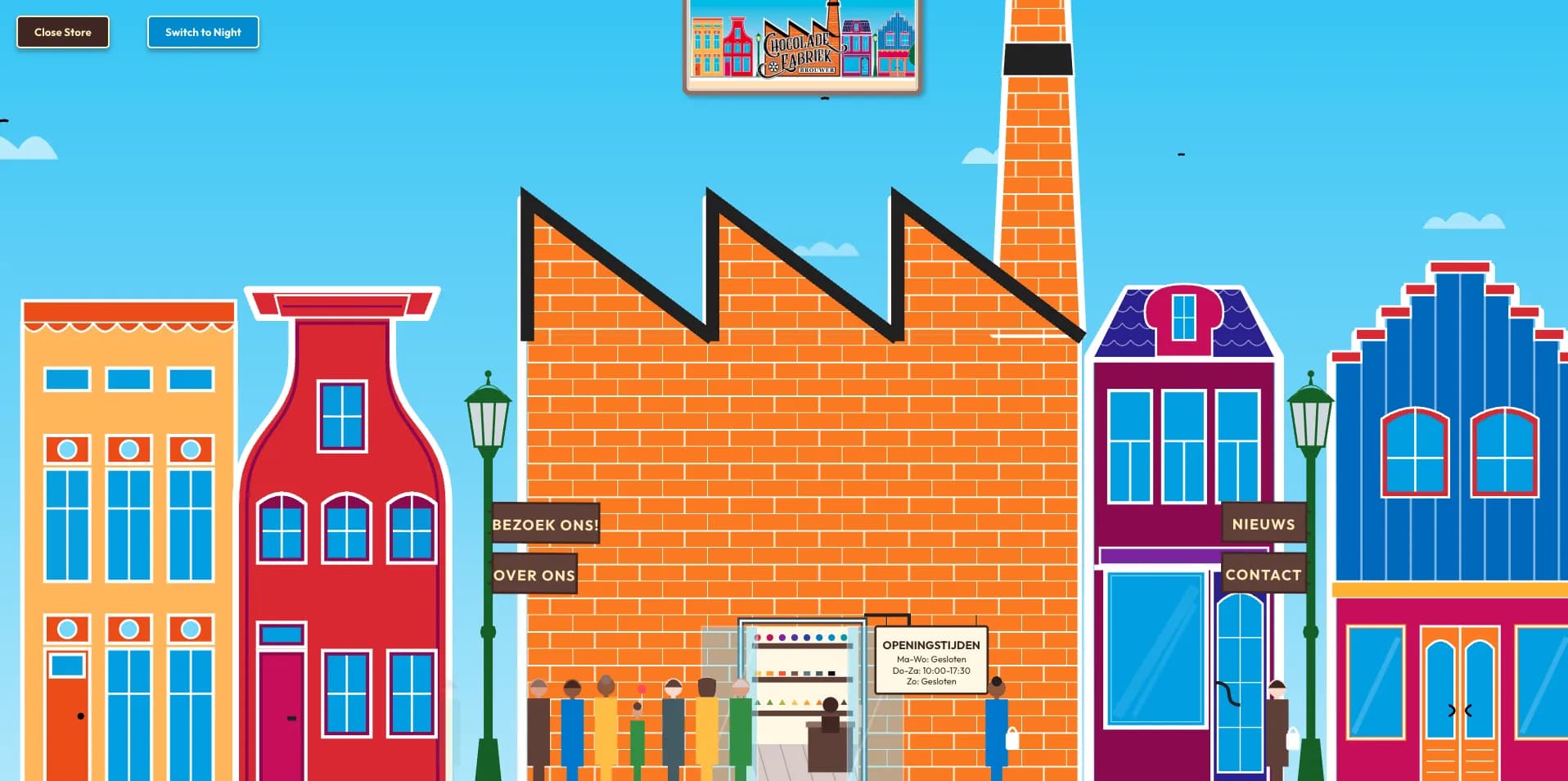 Chocolade Fabriek interactive homepage with the store open, people walking out with bags of chocolate, and birds flying across the sky