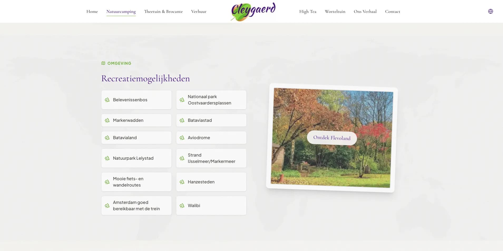 Cleygaerd recreation activities page showing nearby attractions in Flevoland with postcard-style nature photography