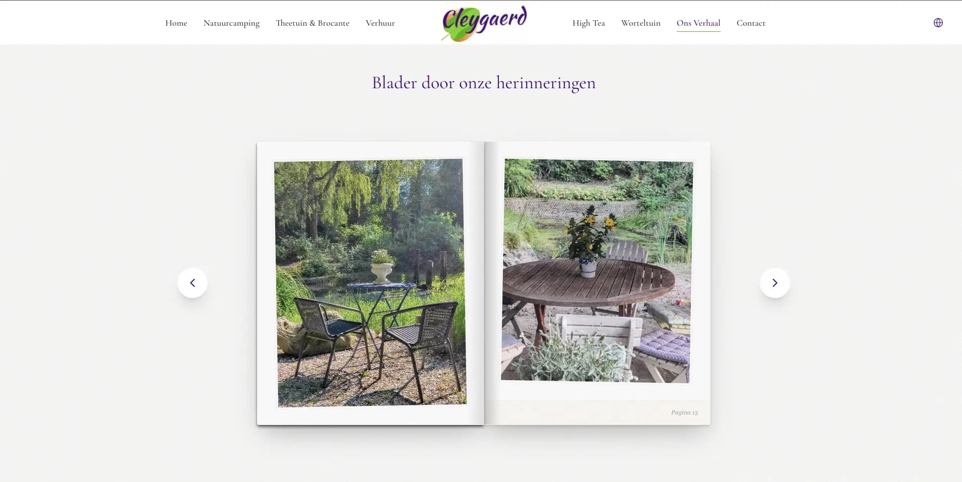 Cleygaerd interactive online photo book with flippable pages showing nature campsite seating areas and garden views