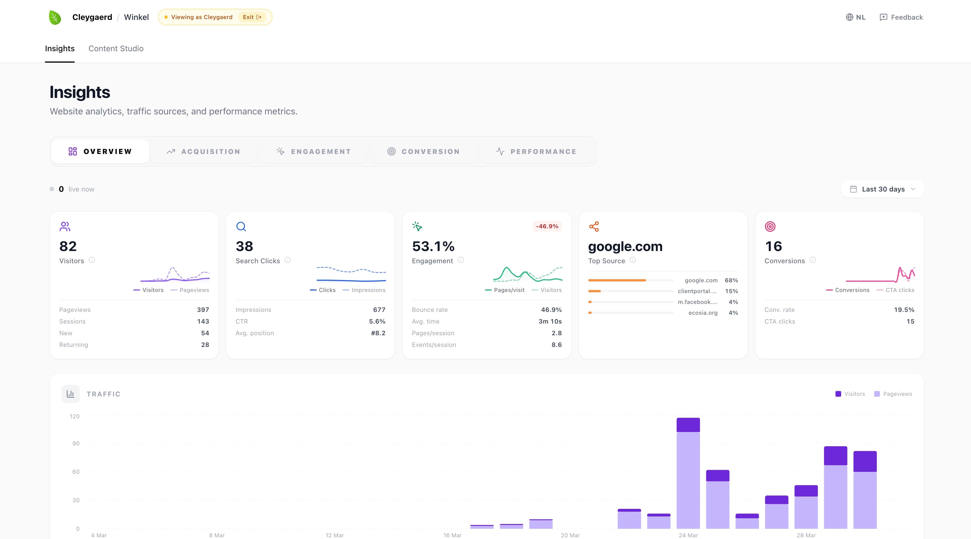 Cleygaerd portal insights dashboard showing 82 visitors, 38 search clicks, 53.1% engagement, and 16 conversions