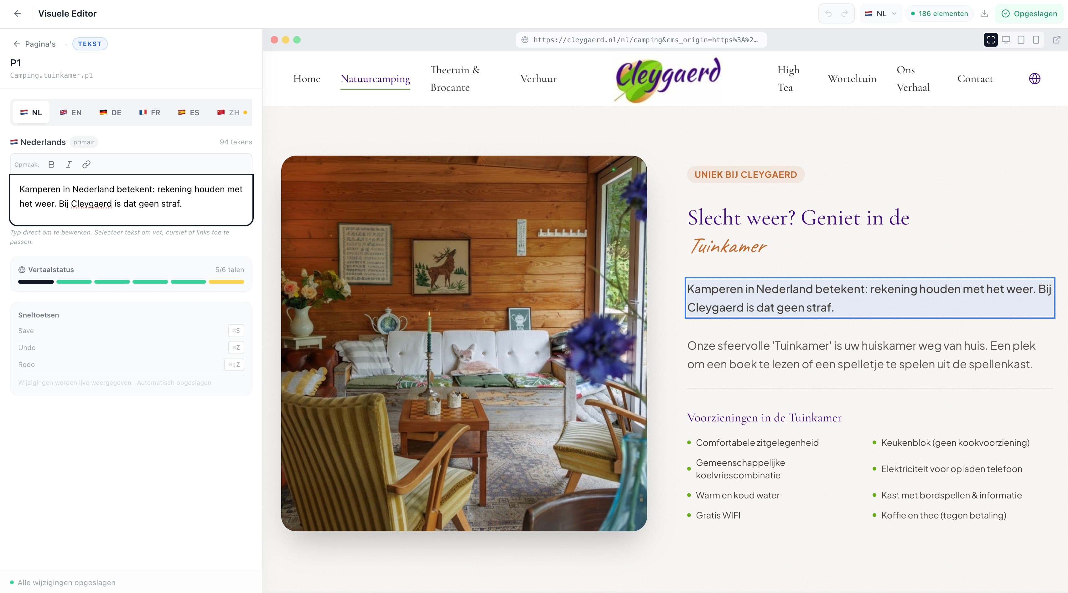 Client portal visual editor showing live website preview with inline text editing