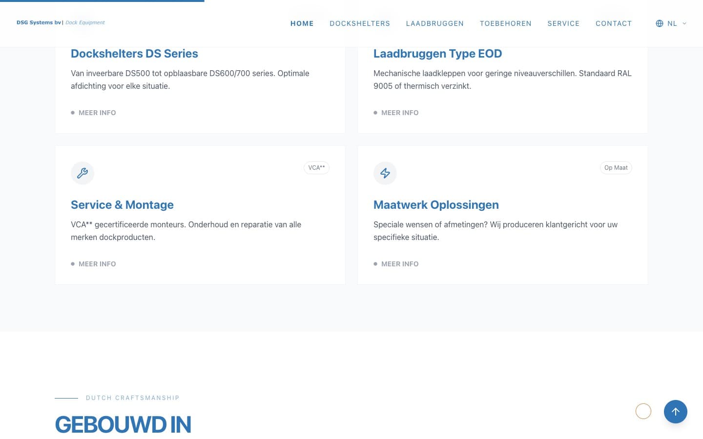 DSG Systems four service cards showing Dockshelters DS Series, Laadbruggen Type EOD, Service and Montage with VCA certification, and Maatwerk Oplossingen custom solutions