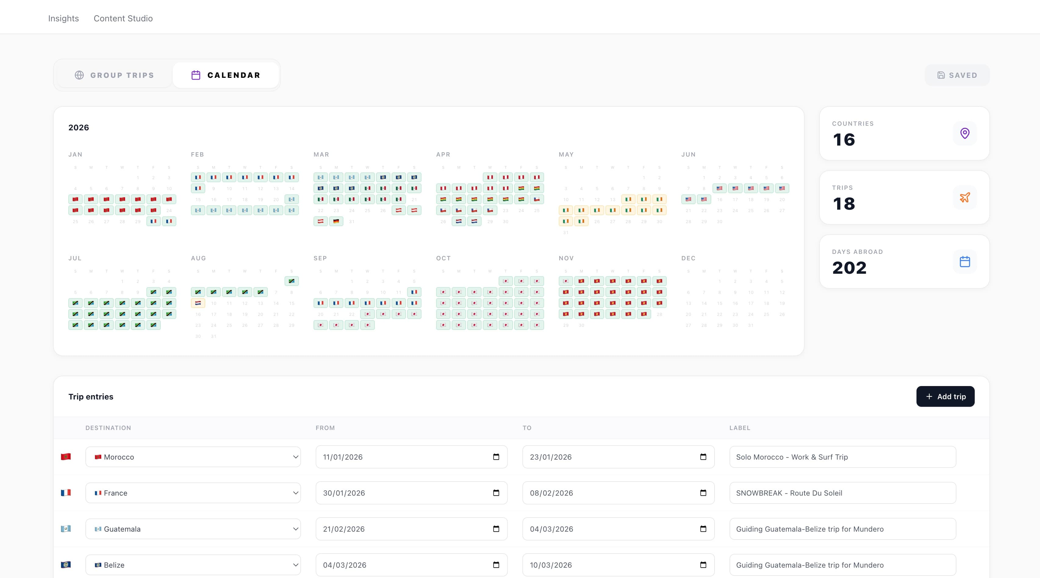 Evelyne Fontaine portal travel calendar showing 2026 year view with color-coded travel days across 16 countries