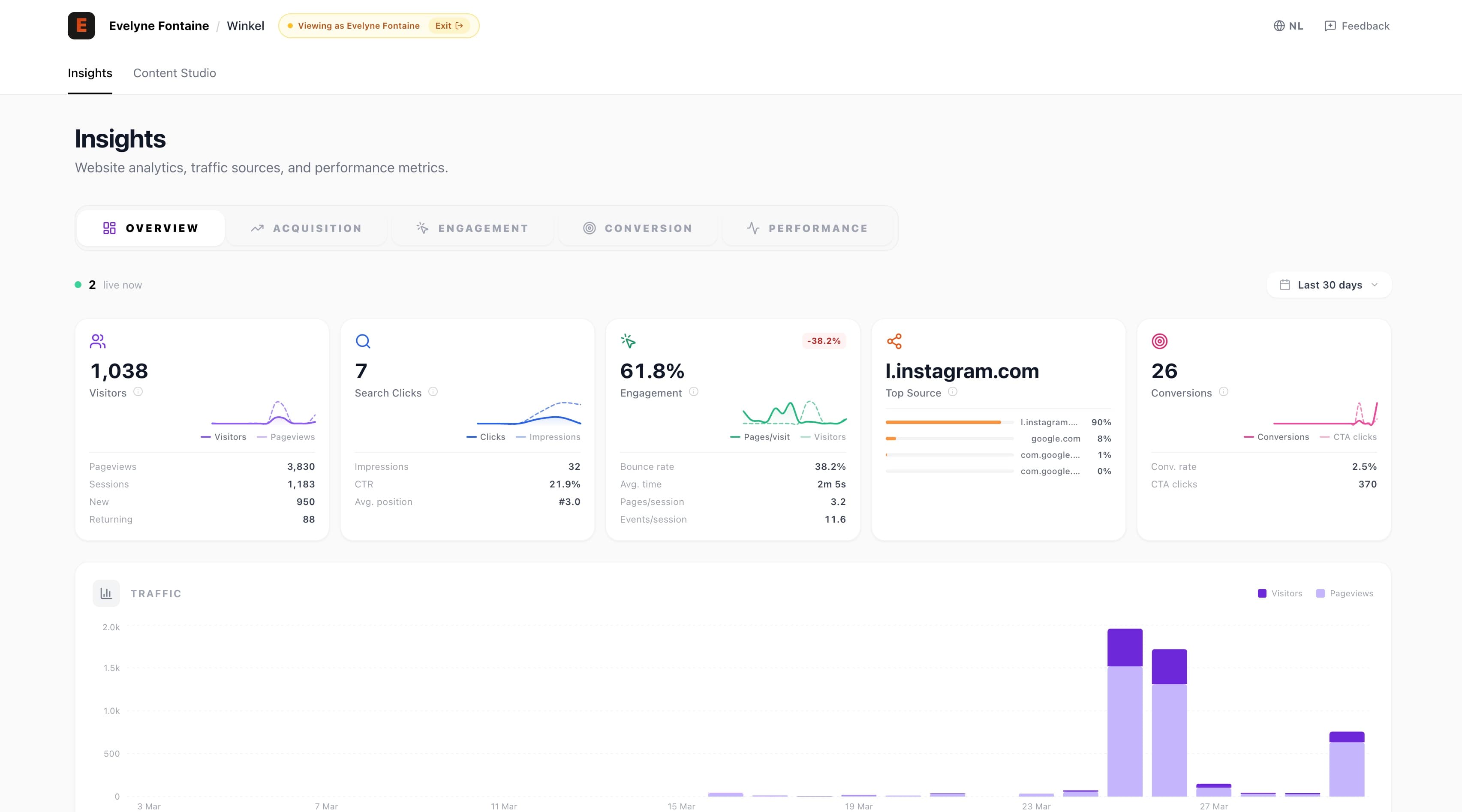 Client portal insights dashboard showing visitors, search clicks, engagement rate, top traffic sources, and conversions