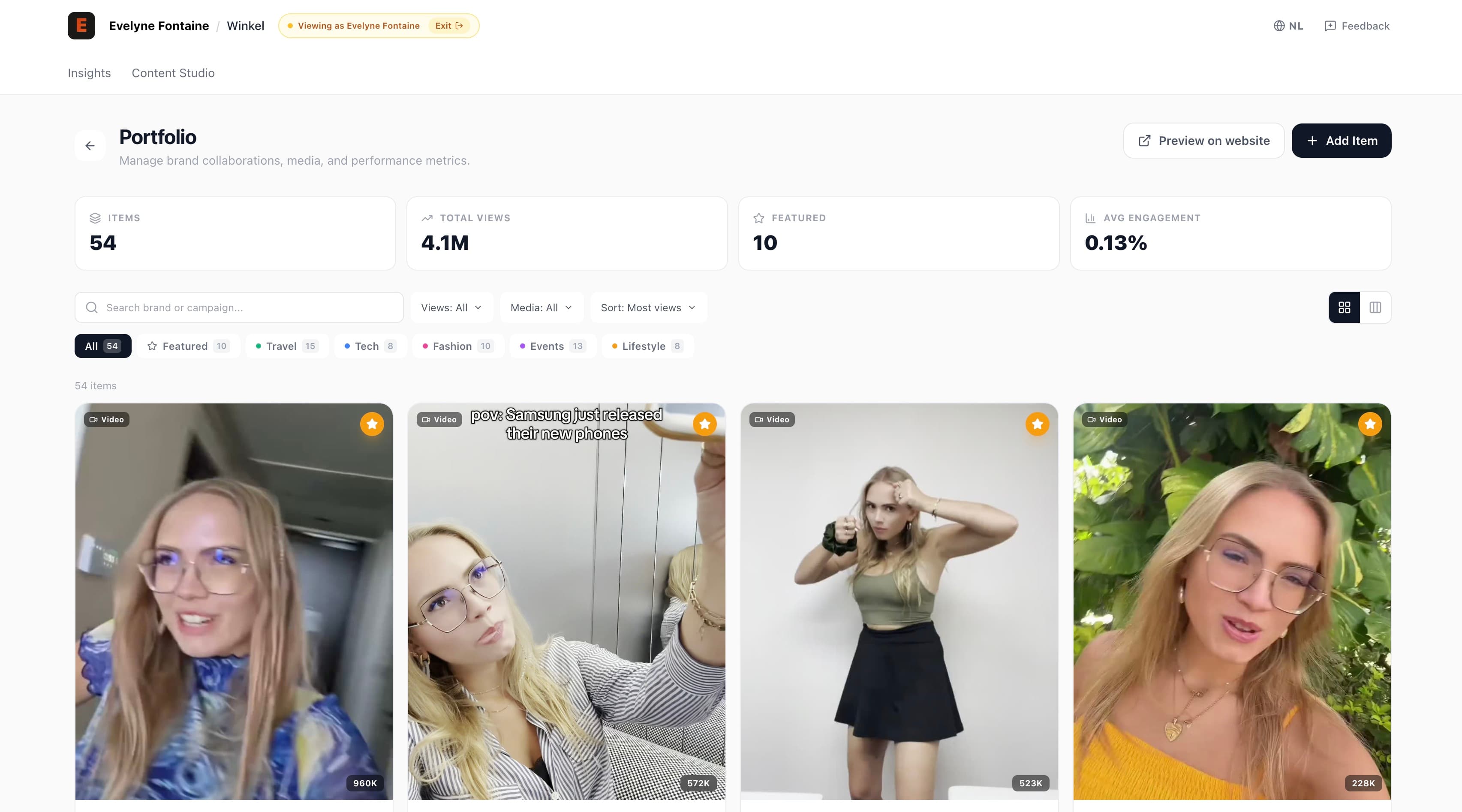 Evelyne Fontaine portal portfolio management showing 54 items with 4.1M total views and grid of collaboration cards
