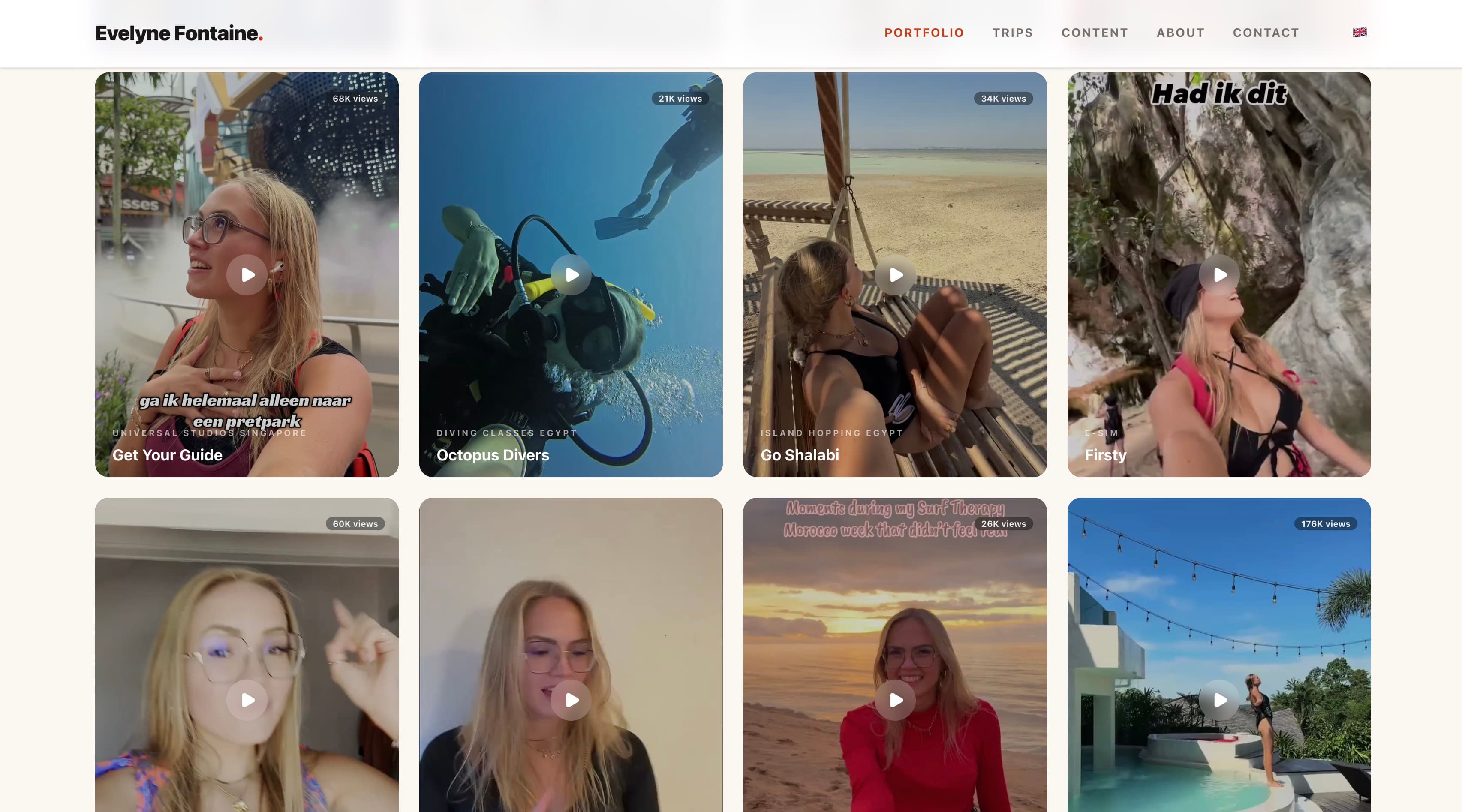 Evelyne Fontaine portfolio page with video grid showing brand collaborations with play buttons and view counts
