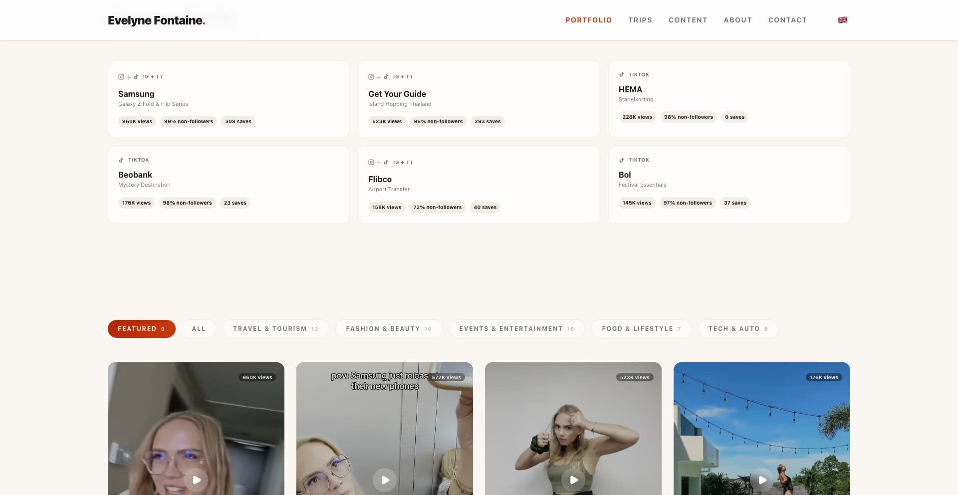 Evelyne Fontaine portfolio page showing campaign results with view counts and brand collaboration cards