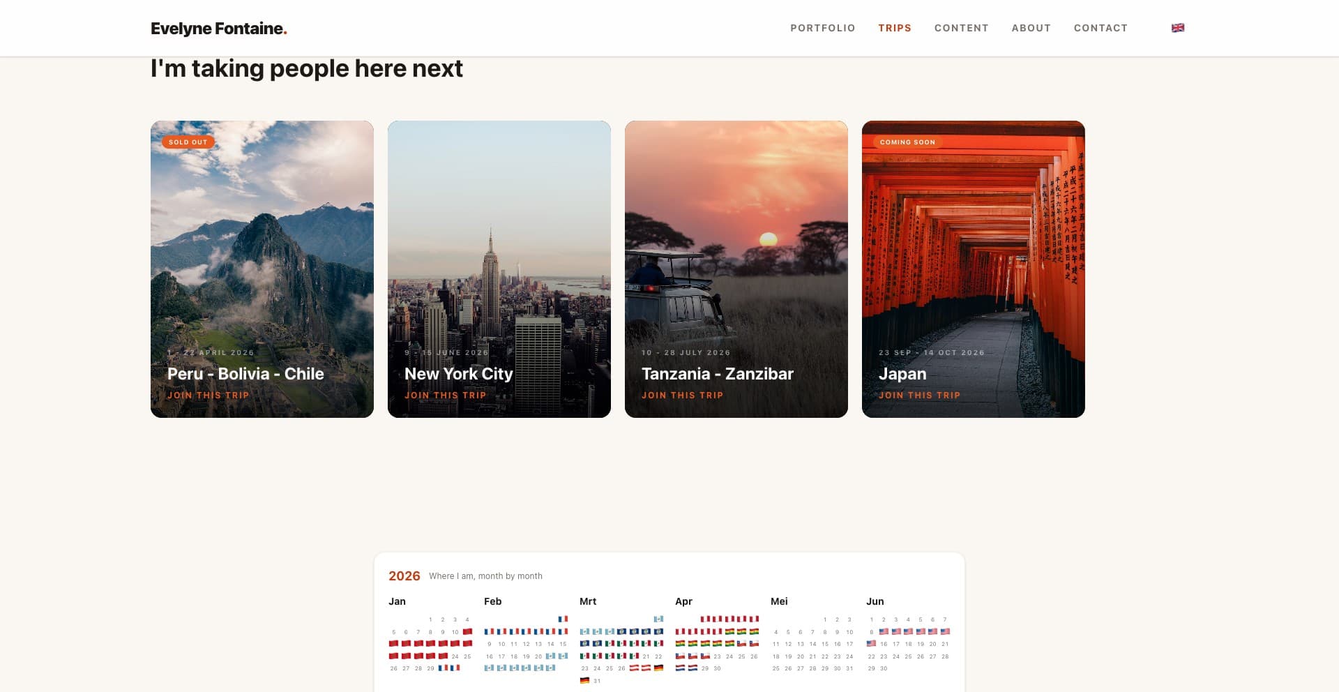 Evelyne Fontaine trips page showing upcoming group travel destinations with signup cards and travel calendar