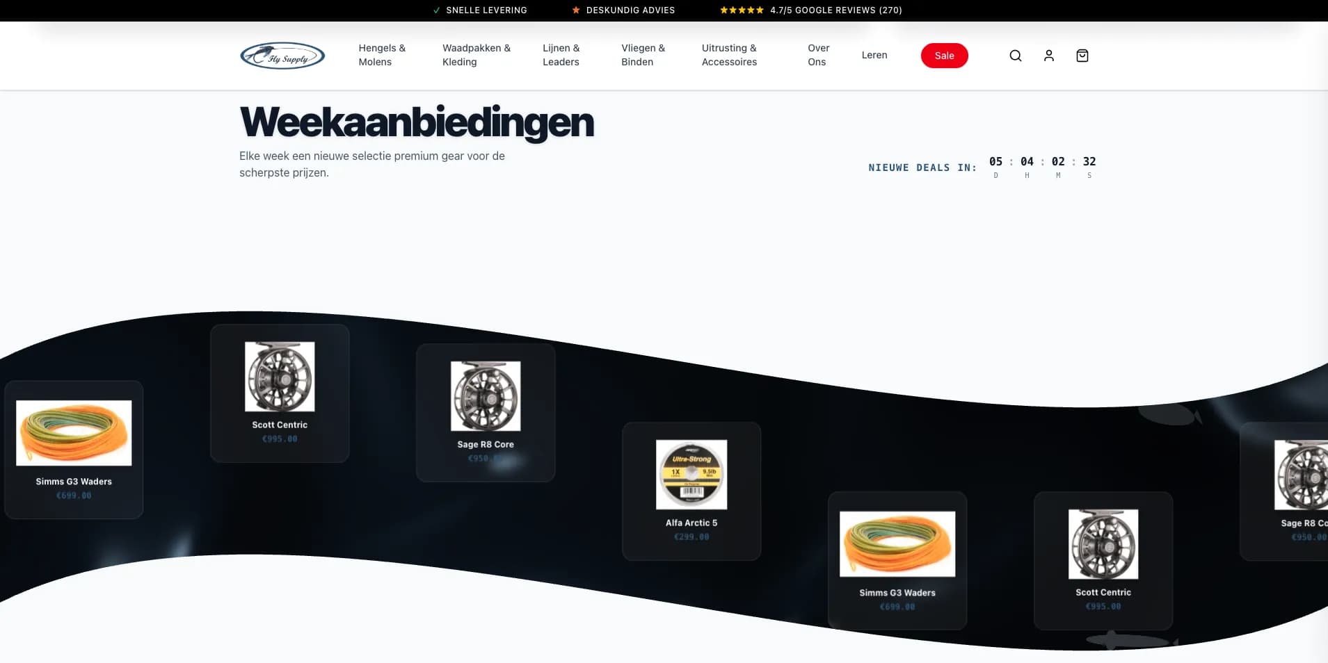 Fly Supply animated river showcase with fly fishing products and swimming fish flowing through a water animation alongside a weekly deals countdown timer