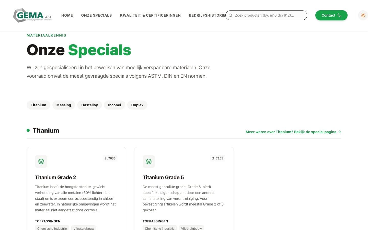 Gema Fast specials overview page with material family navigation and product cards for Titanium, Hastelloy, and Inconel