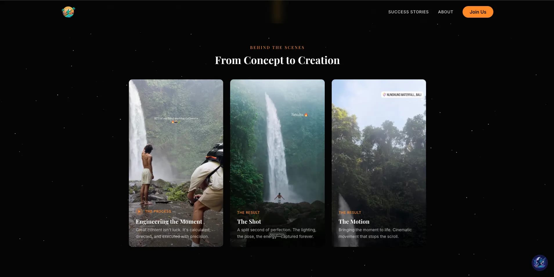 Go-Getter Academy dark mode with animated star background and From Concept to Creation section