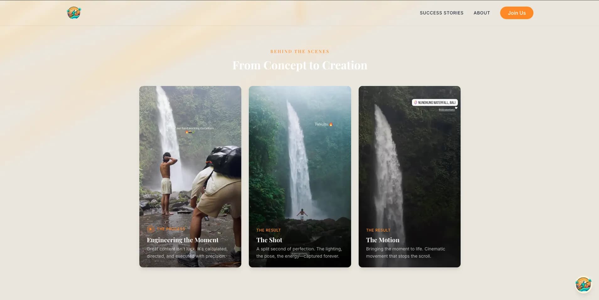 Go-Getter Academy light mode design with warm cream background showing From Concept to Creation content cards
