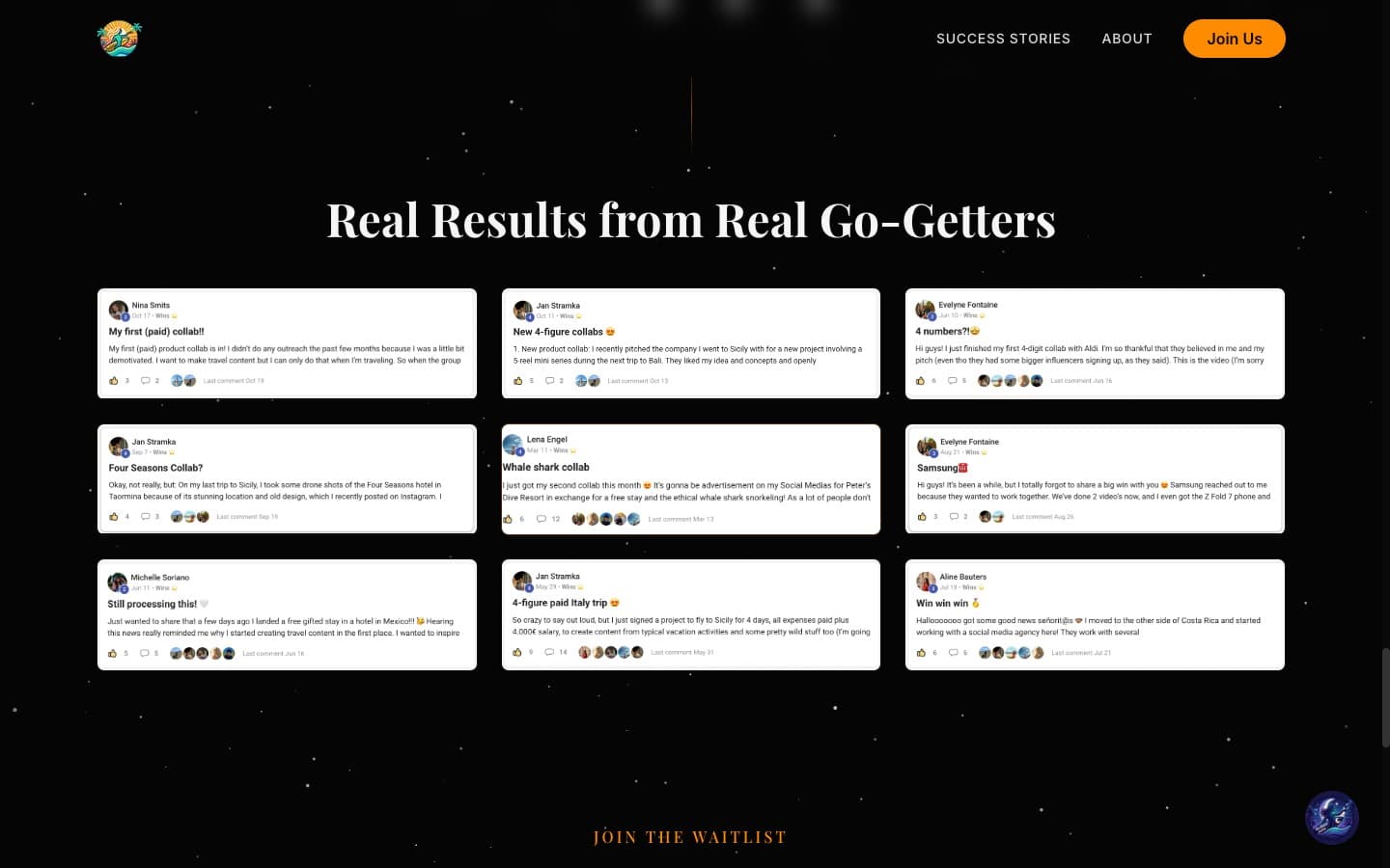 Go-Getter Academy student success stories grid showing brand deals and collaboration wins