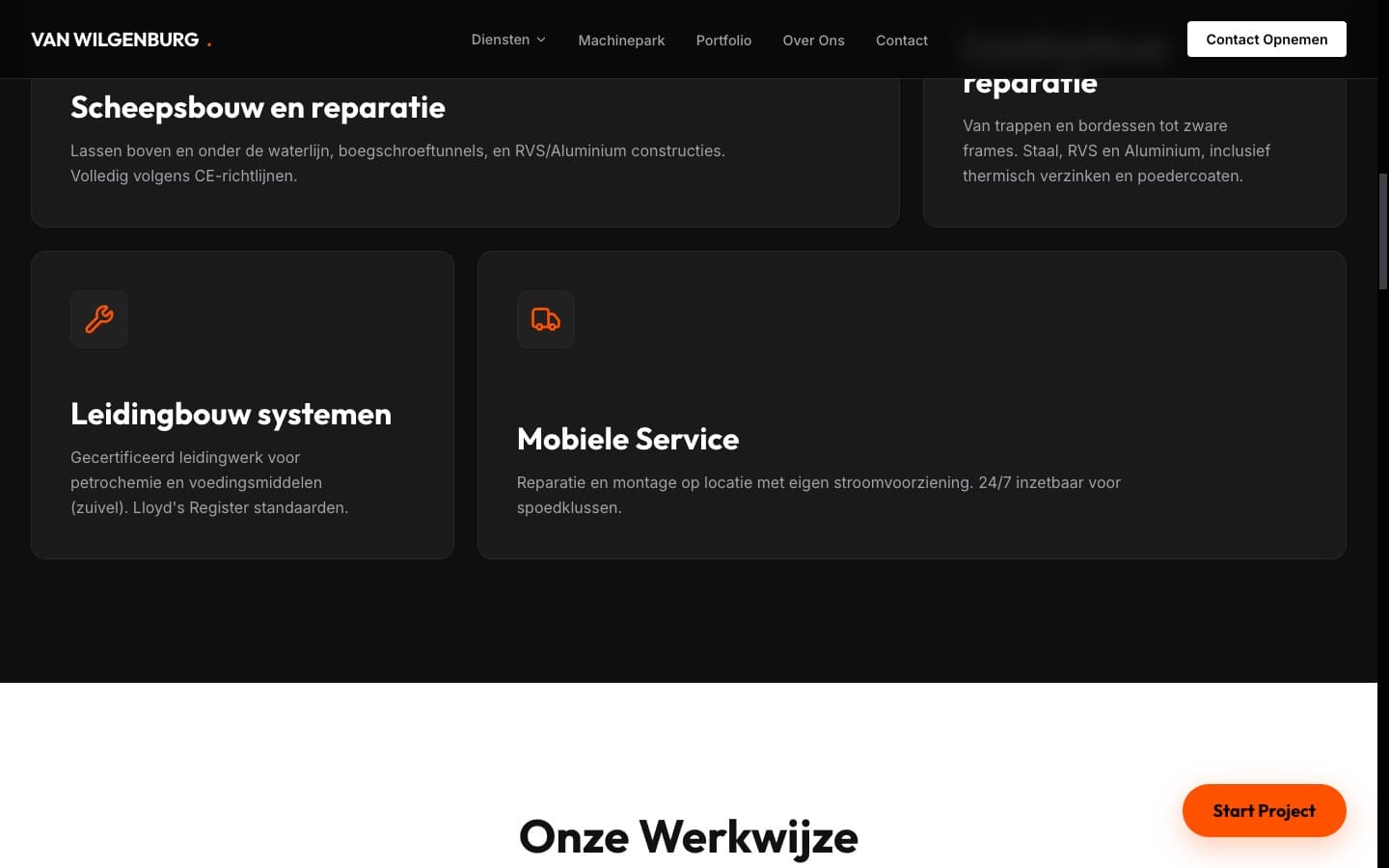 Van Wilgenburg four expertise cards showing Scheepsbouw, Constructie, Leidingbouw, and Mobiele Service with industrial welding and fabrication photography