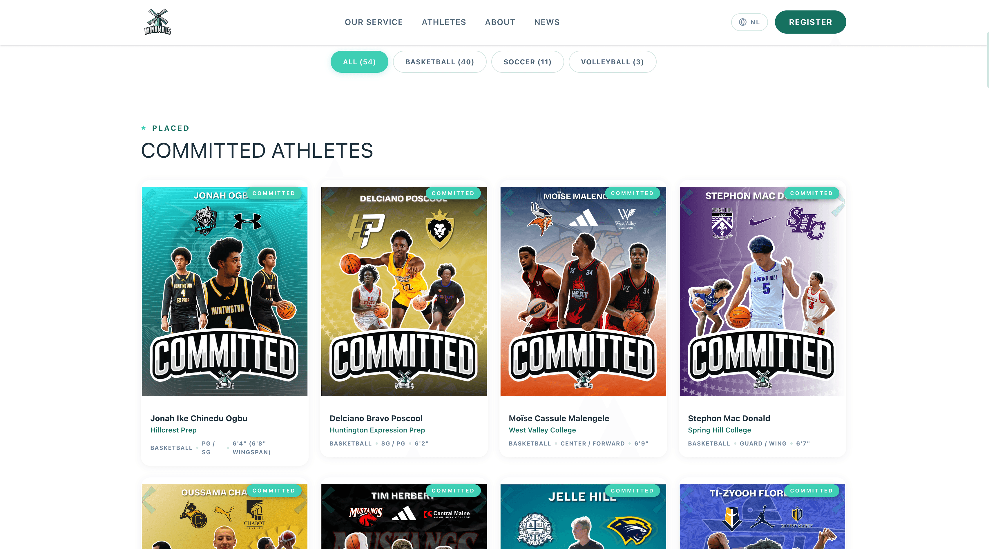 Windmills Sports public athletes page showing committed athletes with university placements, sport filters, and profile cards