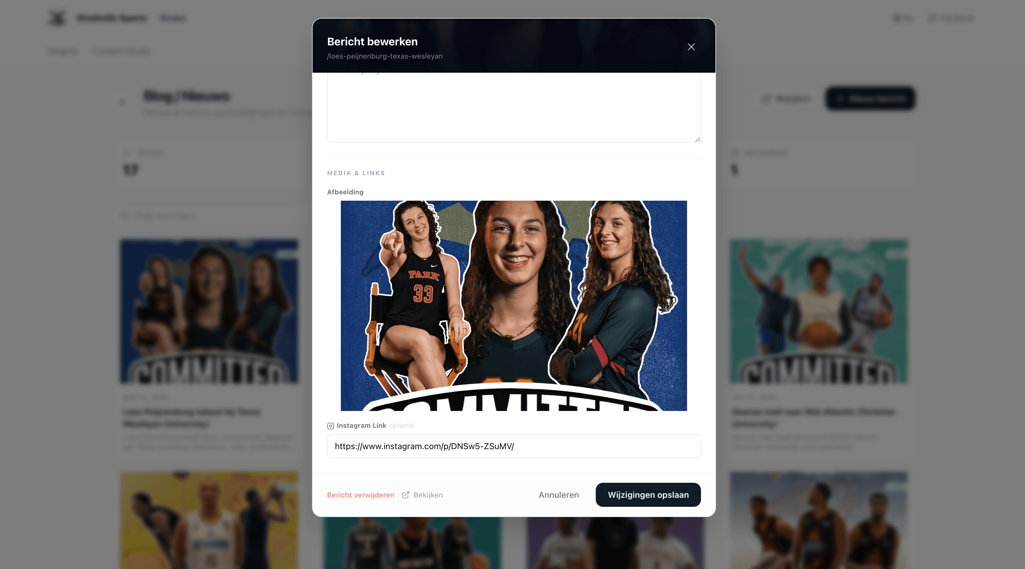 Windmills Sports portal blog editor showing post editing with Instagram embed integration