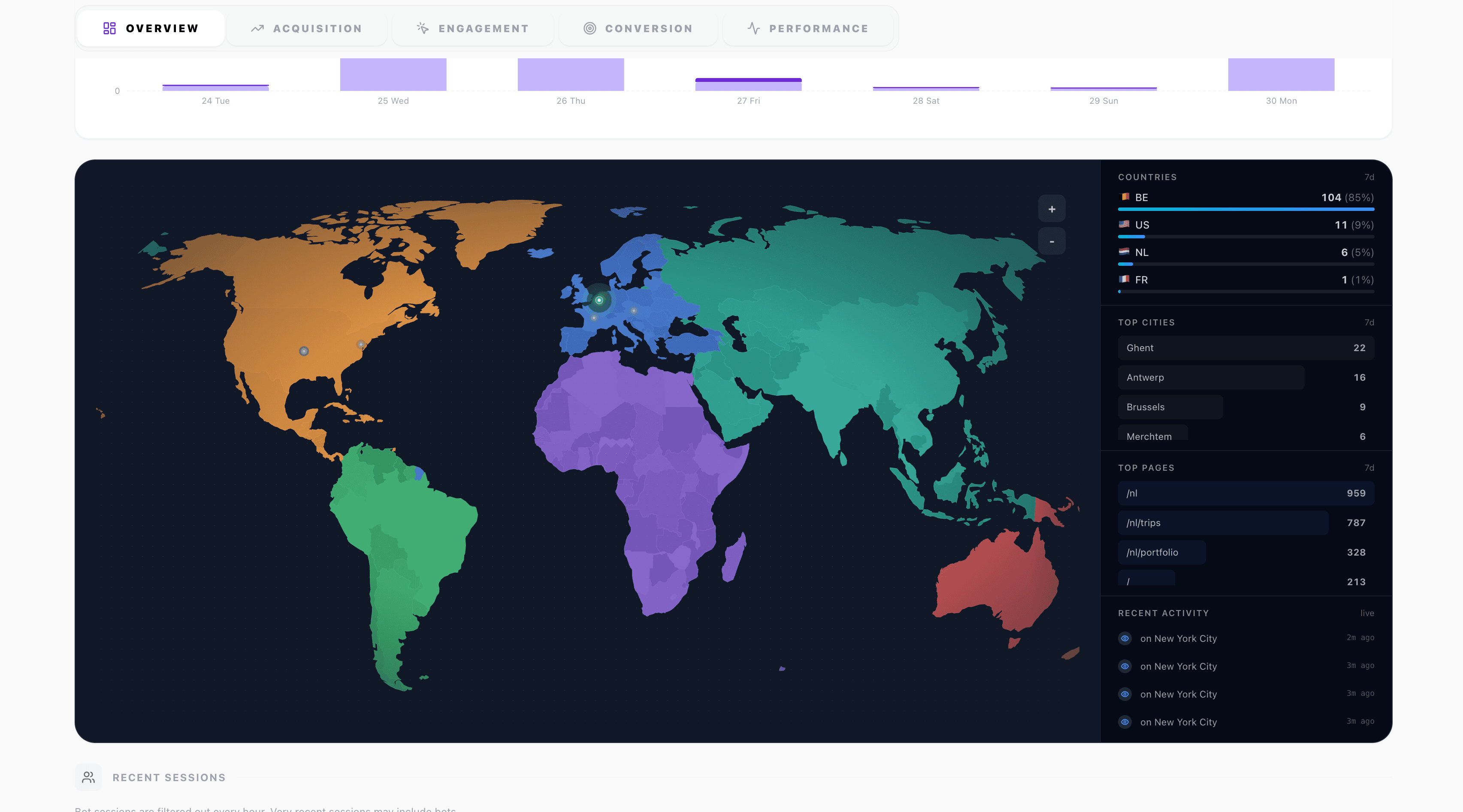 Client portal live visitor world map showing real-time website visitors by country and city