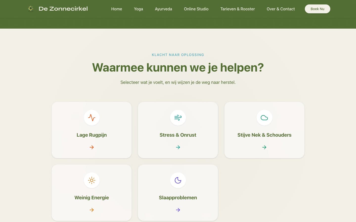 De Zonnecirkel symptom selection cards showing five common complaints: Lage Rugpijn, Stress and Onrust, Stijve Nek and Schouders, Weinig Energie, and Slaapproblemen with clickable navigation