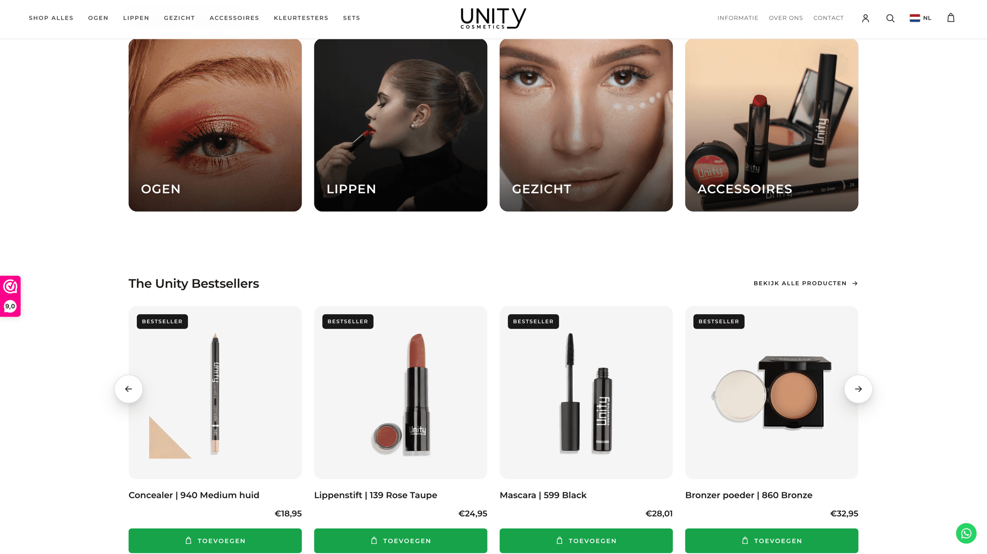 Unity Cosmetics category landing showing Ogen, Lippen, Gezicht, Accessoires and a bestsellers row
