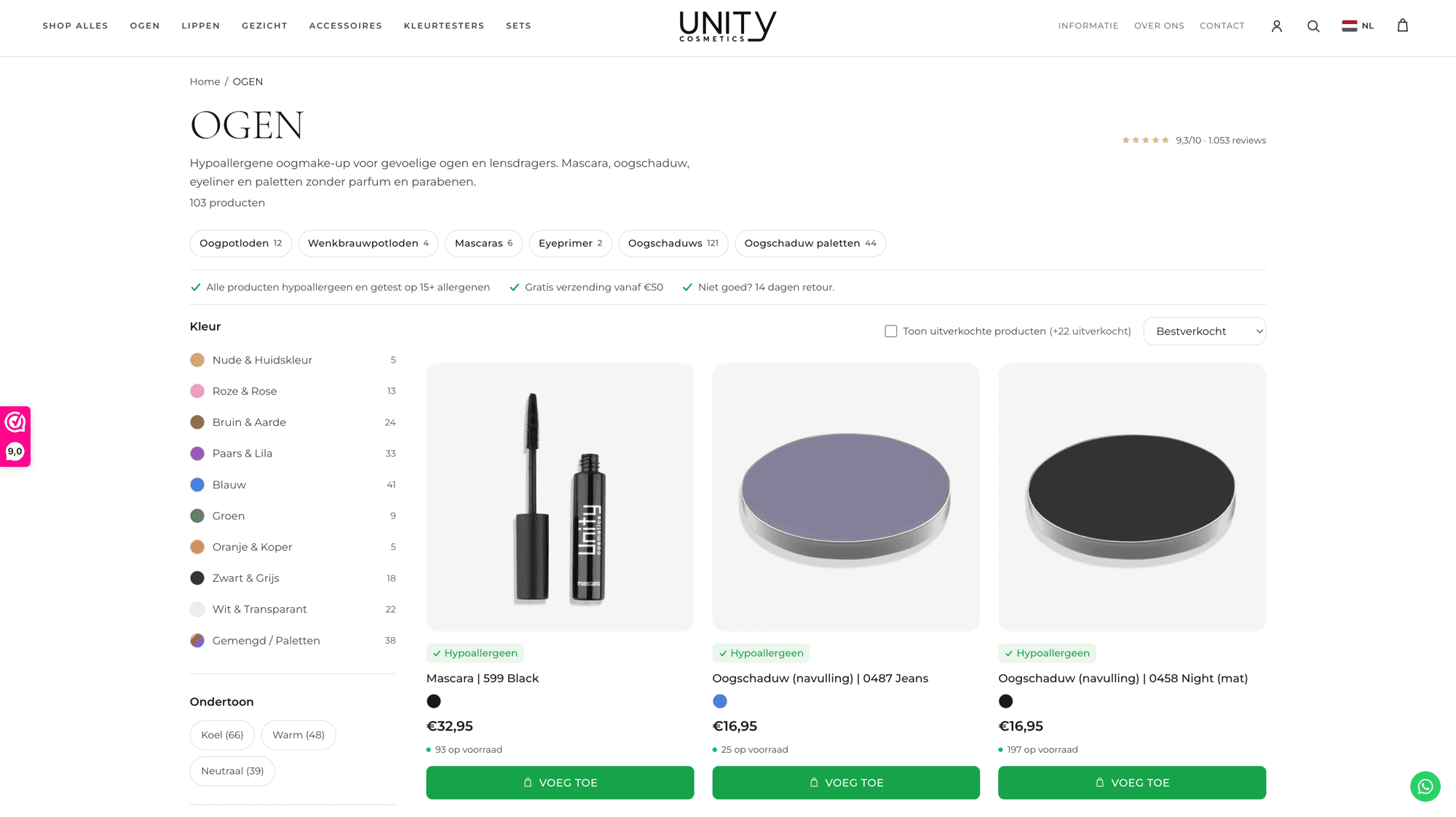 Unity Cosmetics OGEN collection page with 103 products, colour filters, undertone filters, and live stock counts