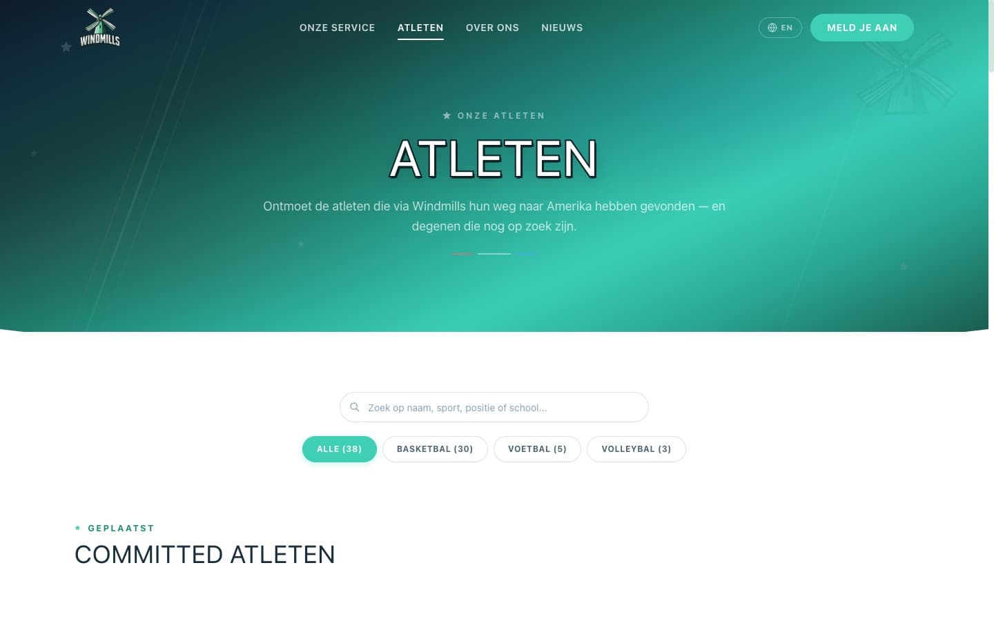 Windmills Sports athletes page with search and sport filters, committed athletes grid showing placements at American universities
