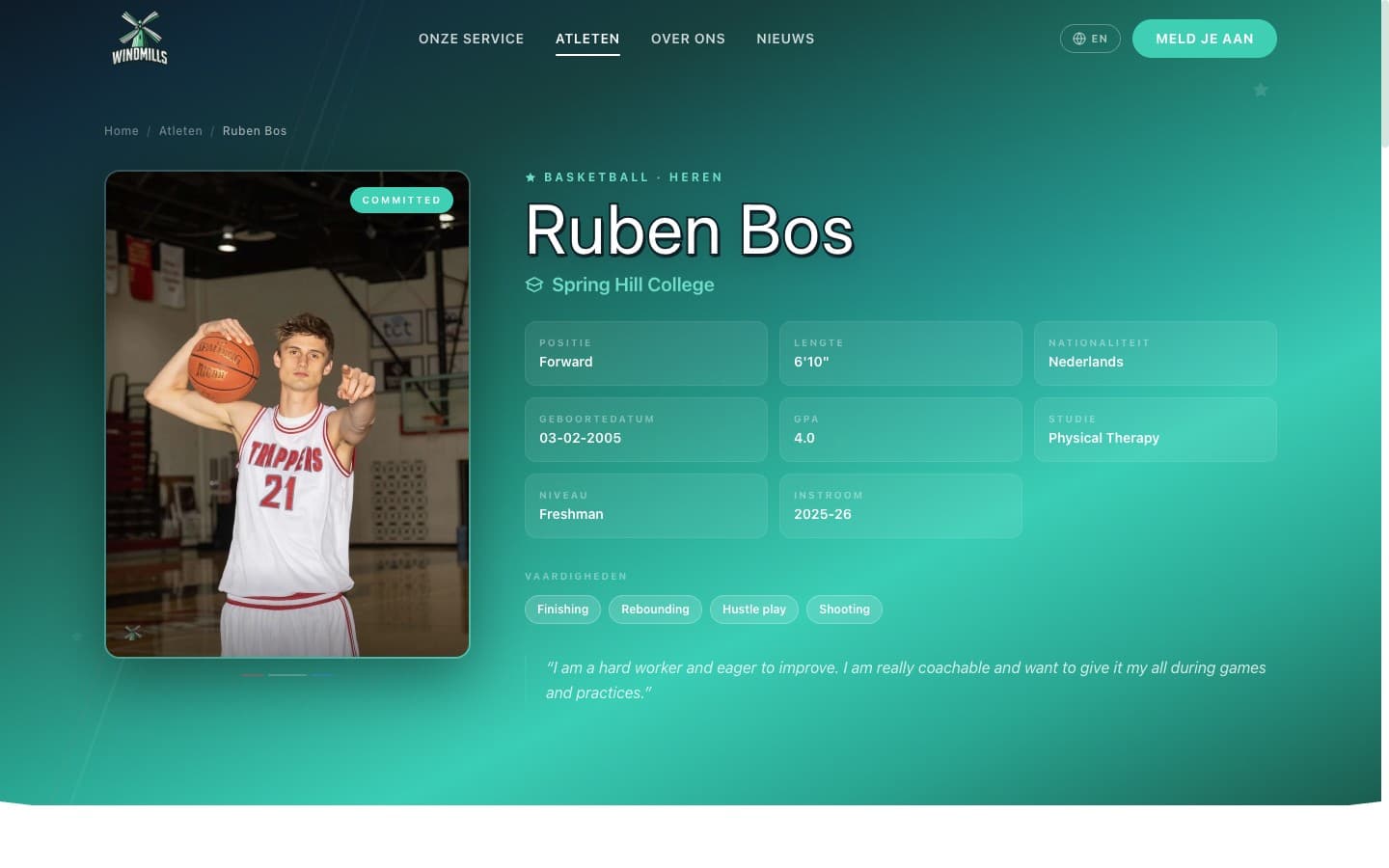 Windmills Sports athlete profile page showing Ruben Bos with stats grid, committed status at Spring Hill College, skillset tags, and highlight video
